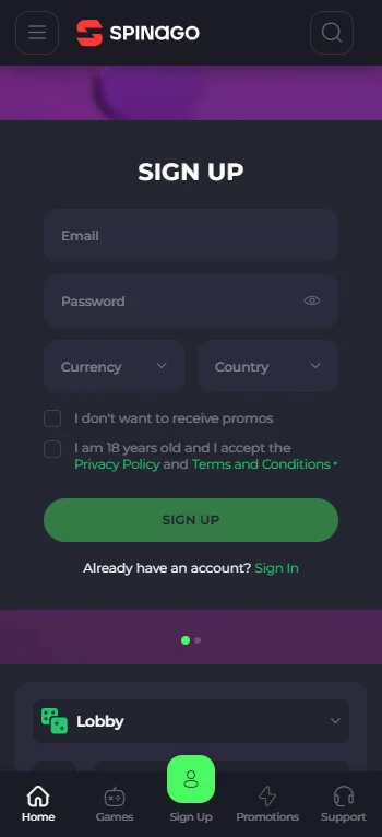 Spinago Casino home interface on a mobile browser