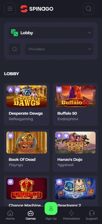 Spinago Casino games interface on a mobile browser