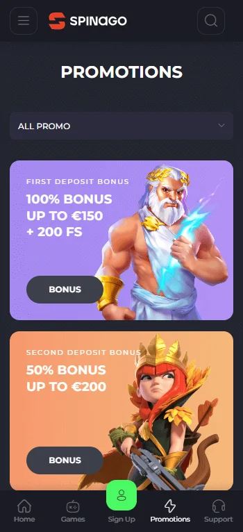 Spinago Casino promotions interface on a mobile browser