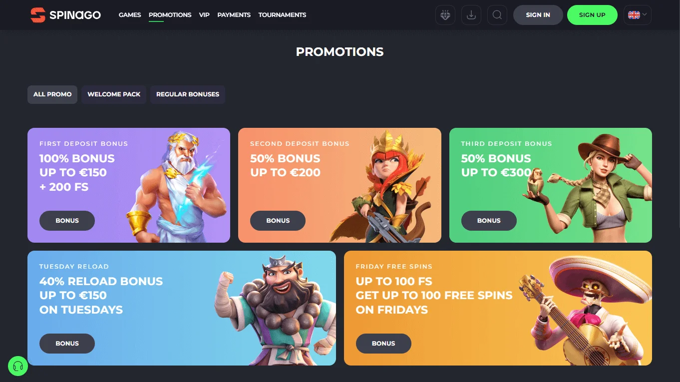 Spinago Casino promotions interface on desktop