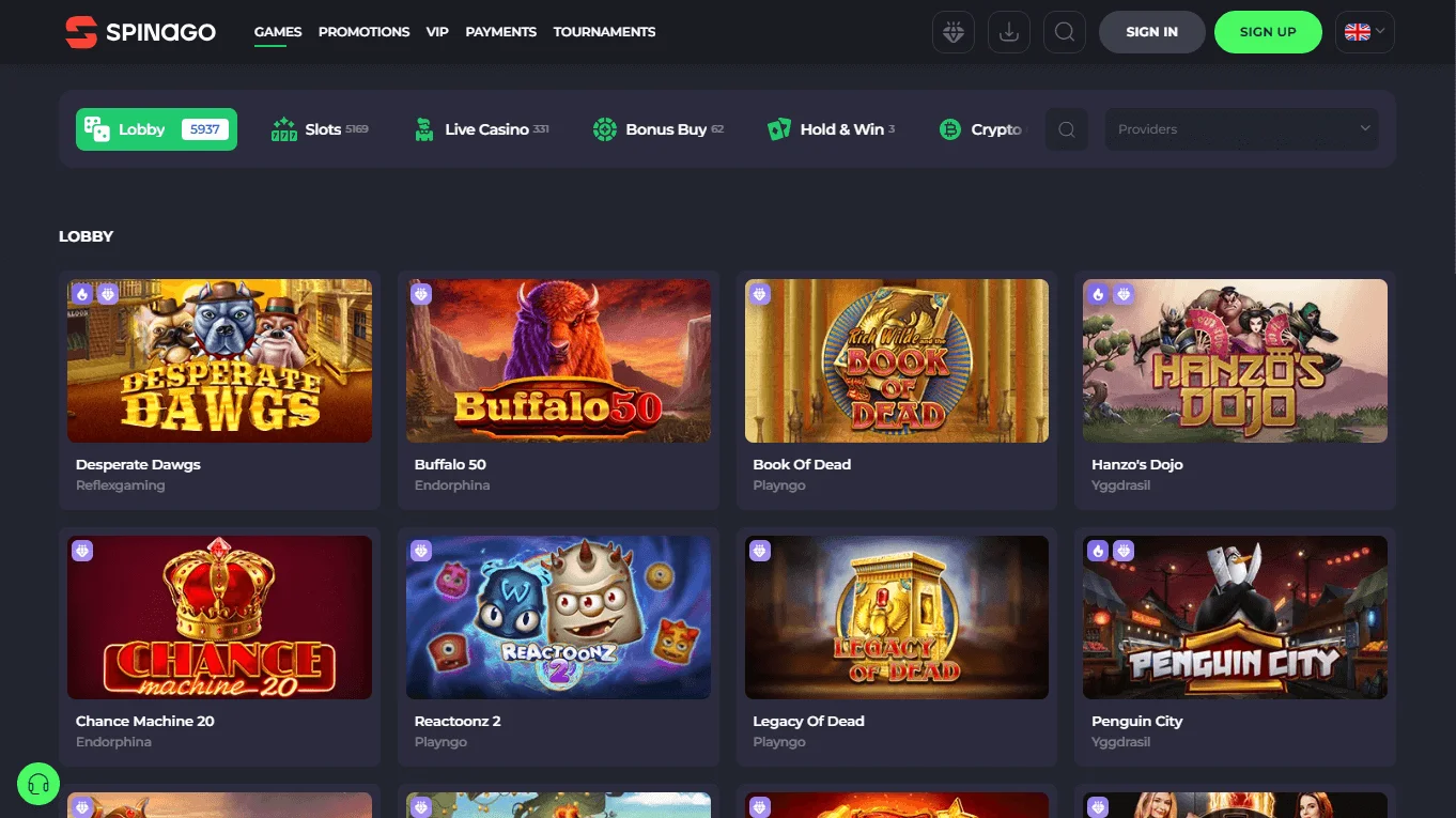 Spinago Casino games interface on desktop